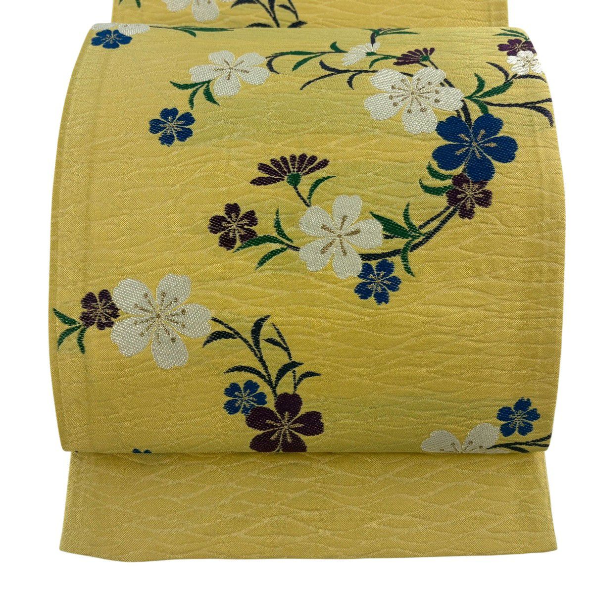 【美品】 袋帶 秀品級 證書齊全 枝花 金金箔 山吹 深藍 六通 純蠶絲