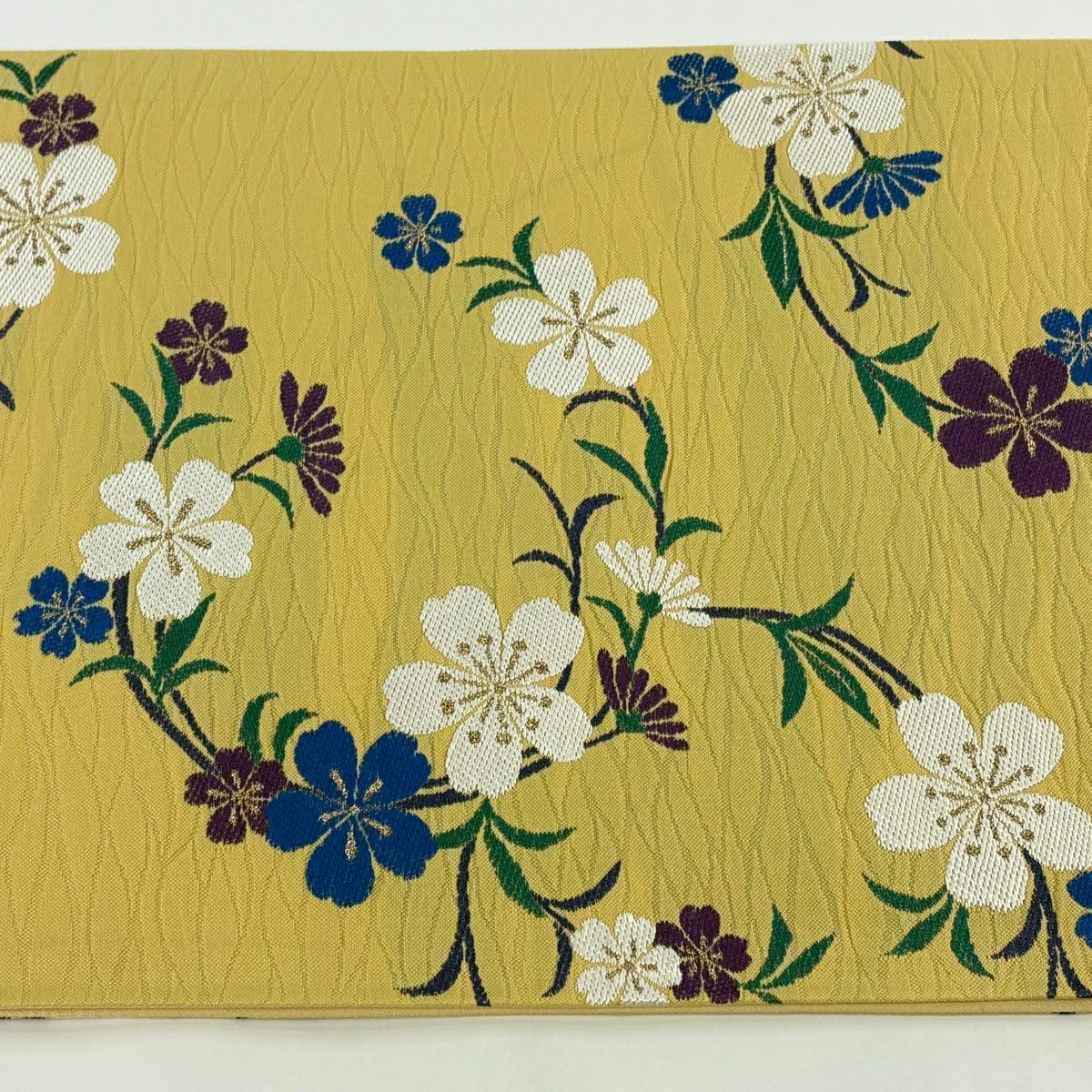 【美品】 袋帶 秀品級 證書齊全 枝花 金金箔 山吹 深藍 六通 純蠶絲