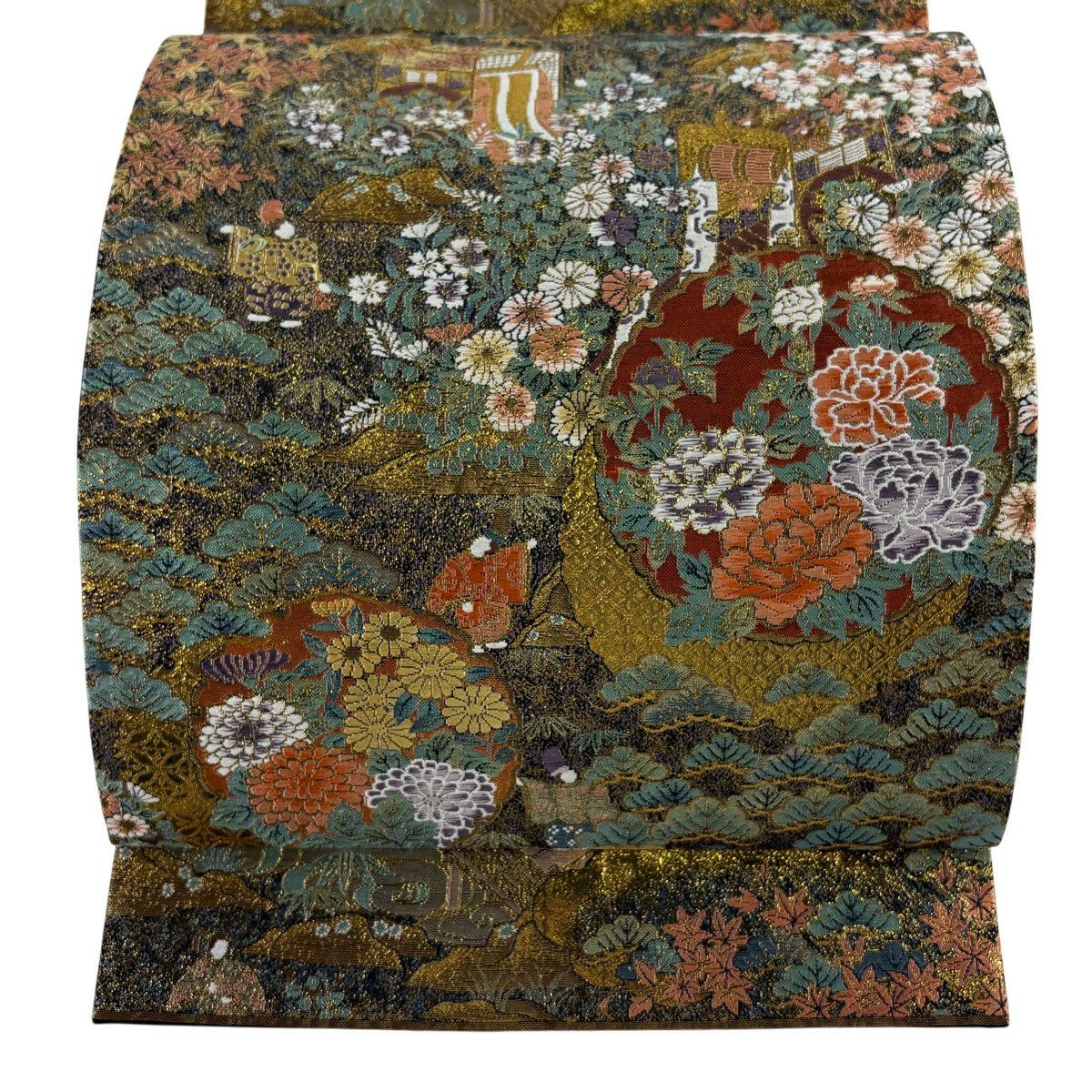 【美品】 袋帶 秀品級 雪輪 草花紋 金絲 金金箔 金色 六通 純蠶絲