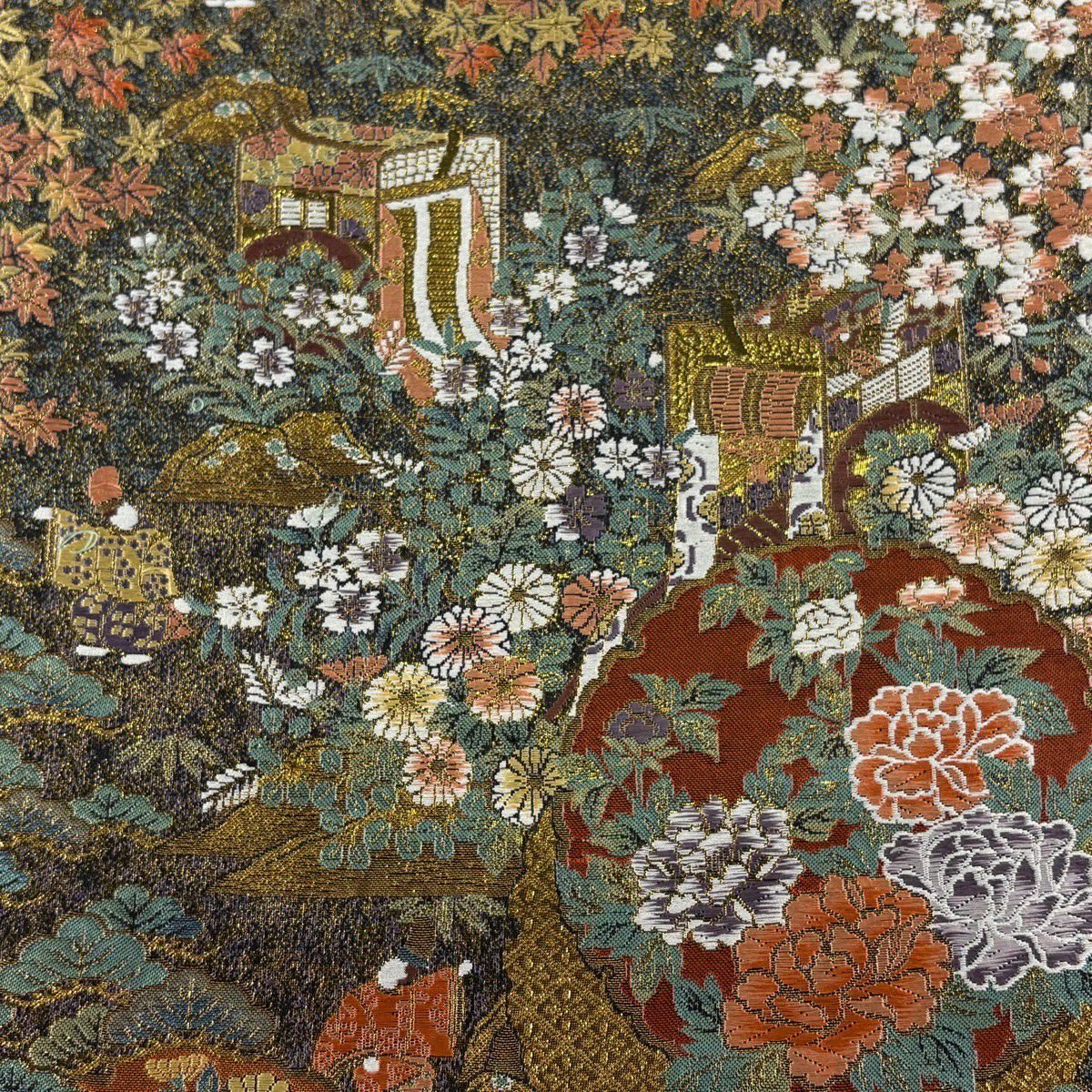 【美品】 袋帶 秀品級 雪輪 草花紋 金絲 金金箔 金色 六通 純蠶絲