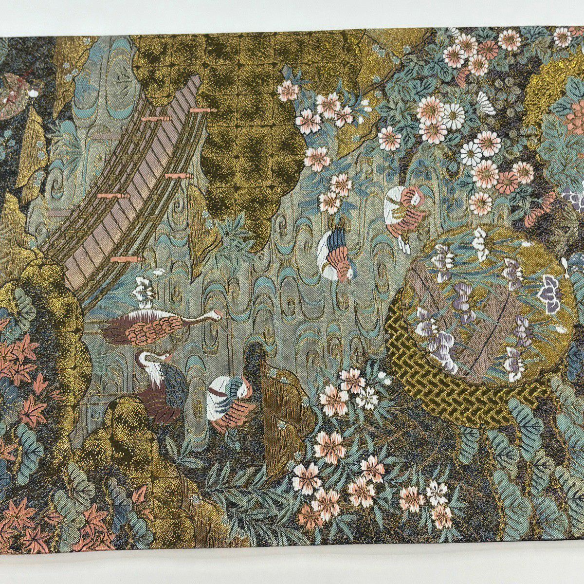 【美品】 袋帶 秀品級 雪輪 草花紋 金絲 金金箔 金色 六通 純蠶絲