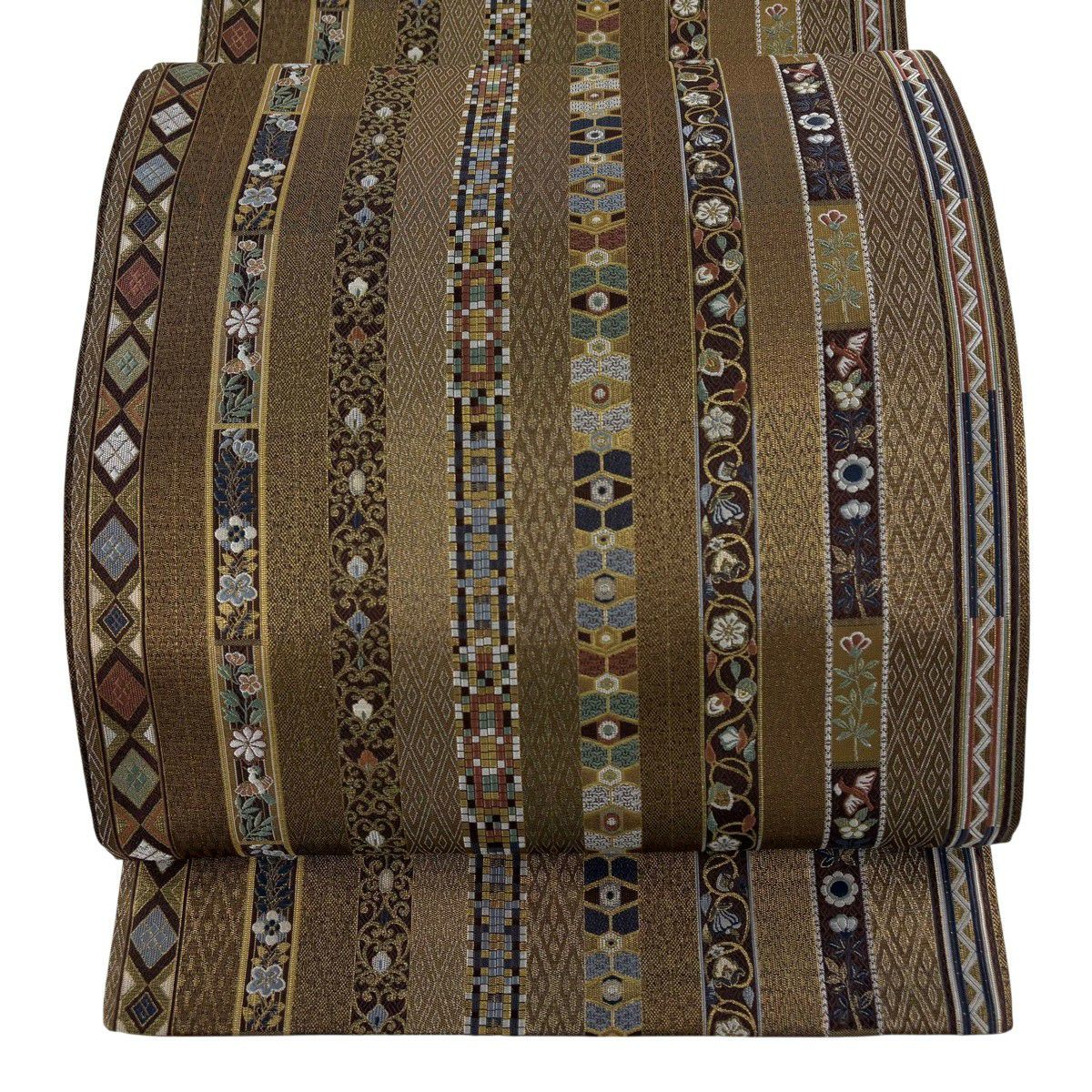 【美品】 袋帶 秀品級 縞 草花紋 金金箔 金茶 六通 純蠶絲