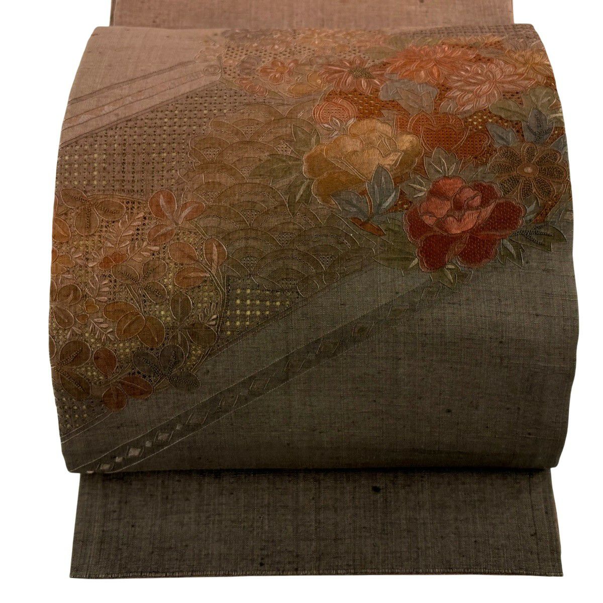 袋帶 秀品級 紬織織 花丸紋 青海波 刺繡 紅茶 お太鼓圖案 純蠶絲