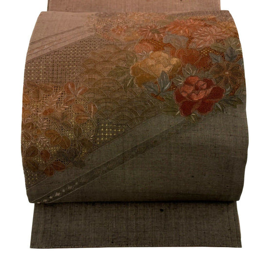 袋帶 秀品級 紬織織 花丸紋 青海波 刺繡 紅茶 お太鼓圖案 純蠶絲