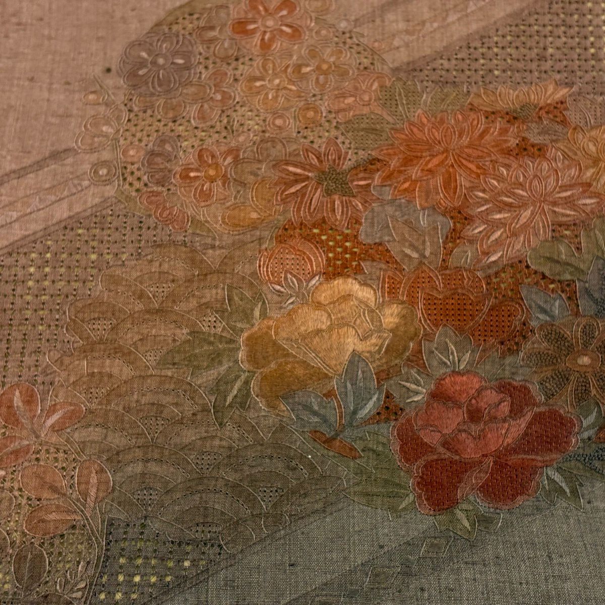 袋帶 秀品級 紬織織 花丸紋 青海波 刺繡 紅茶 お太鼓圖案 純蠶絲