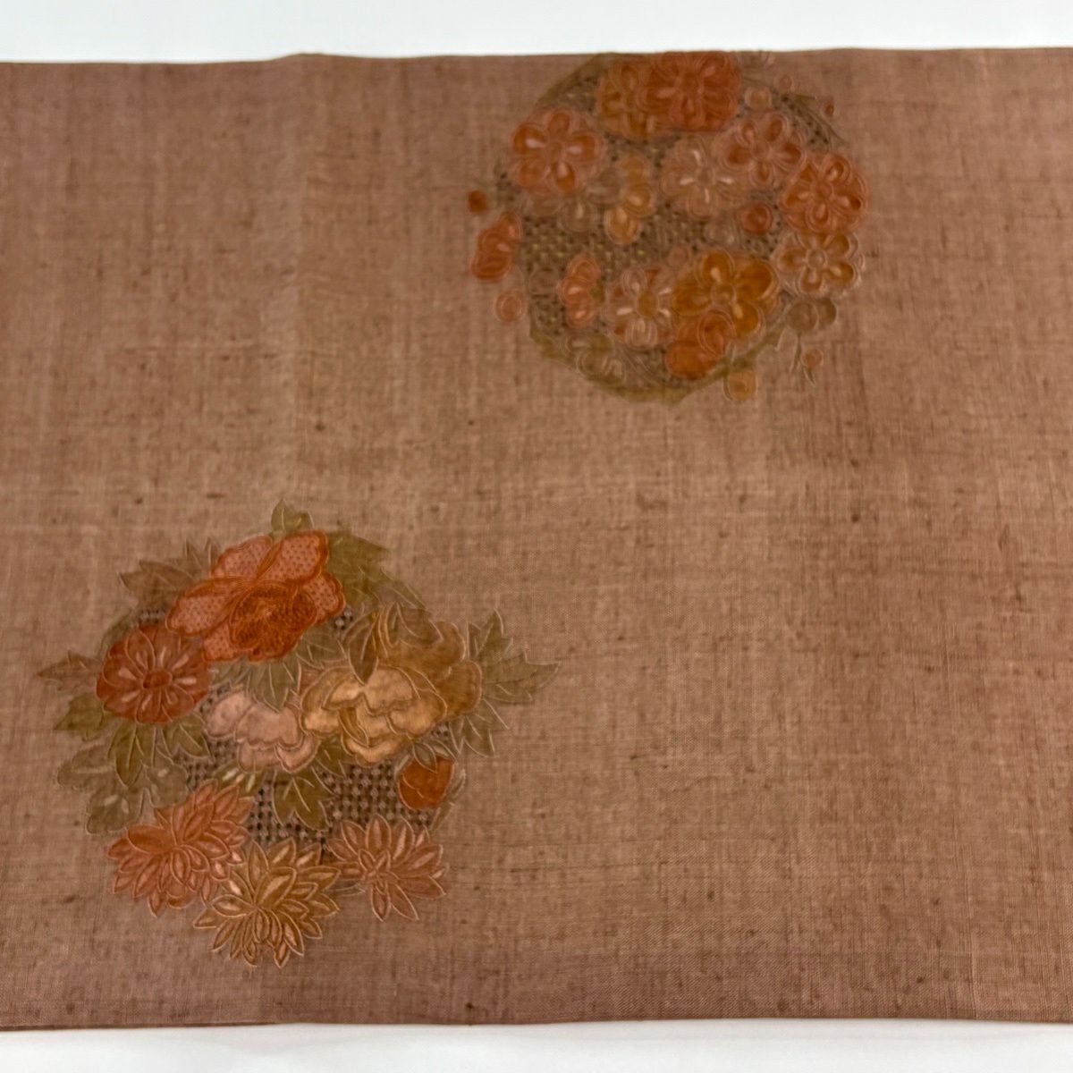 袋帶 秀品級 紬織織 花丸紋 青海波 刺繡 紅茶 お太鼓圖案 純蠶絲