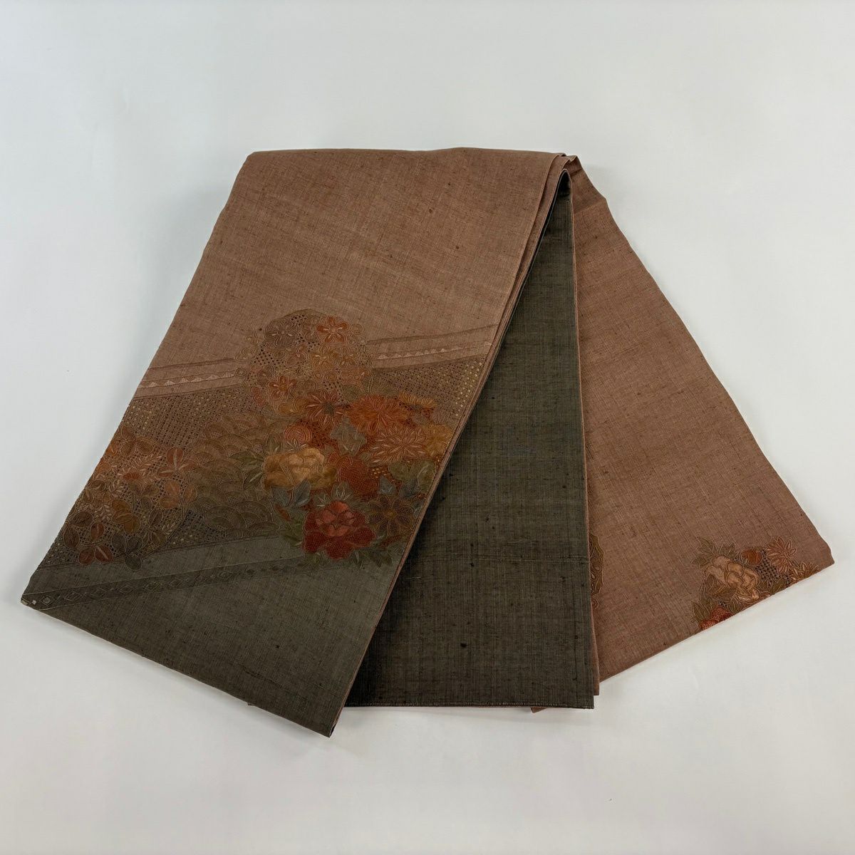 袋帶 秀品級 紬織織 花丸紋 青海波 刺繡 紅茶 お太鼓圖案 純蠶絲