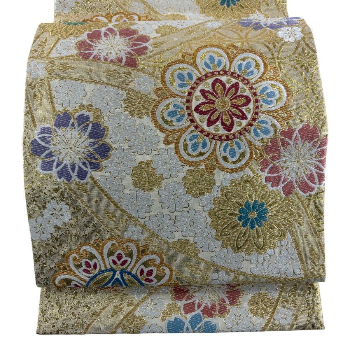 【美品】 袋帶 秀品級 櫻花 華紋 金絲 金金箔 金 六通 純蠶絲