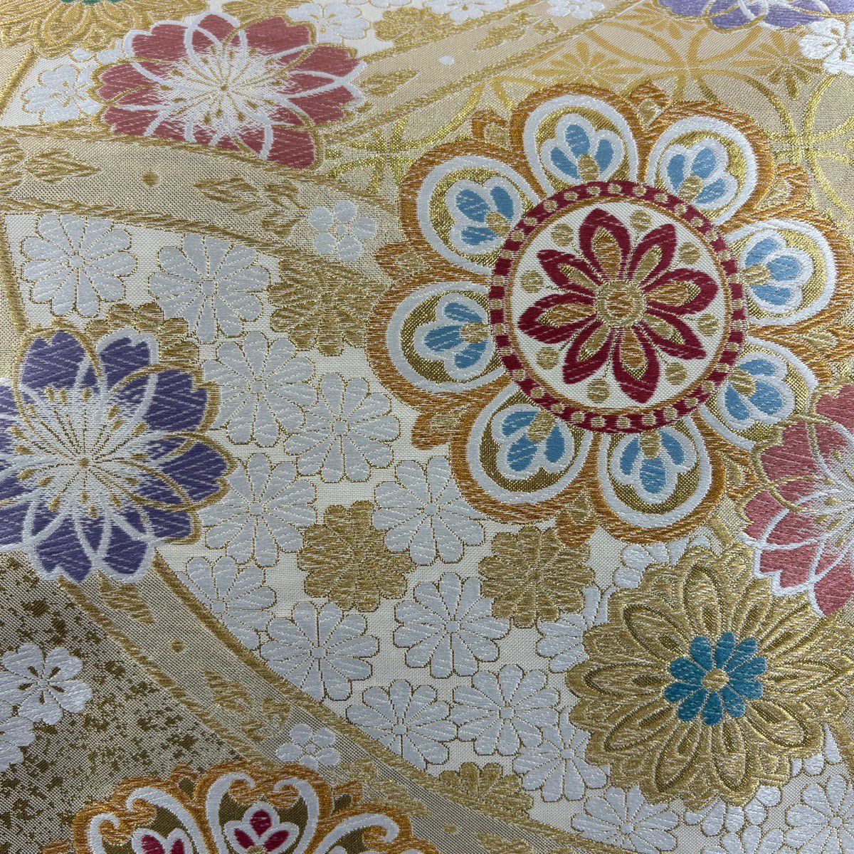 【美品】 袋帶 秀品級 櫻花 華紋 金絲 金金箔 金 六通 純蠶絲