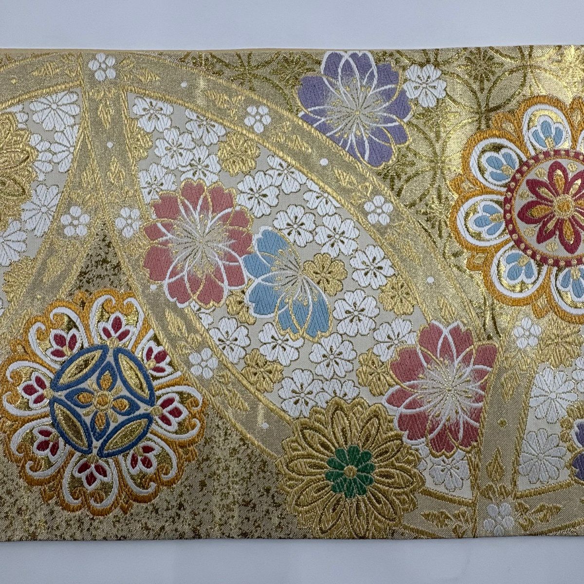 【美品】 袋帶 秀品級 櫻花 華紋 金絲 金金箔 金 六通 純蠶絲