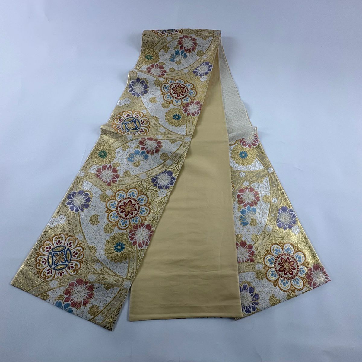 【美品】 袋帶 秀品級 櫻花 華紋 金絲 金金箔 金 六通 純蠶絲