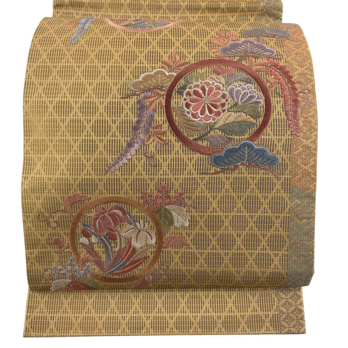 【美品】 袋帶 秀品級 松樹 菊花 刺繡 金金箔 黃土 素色 正蠶絲