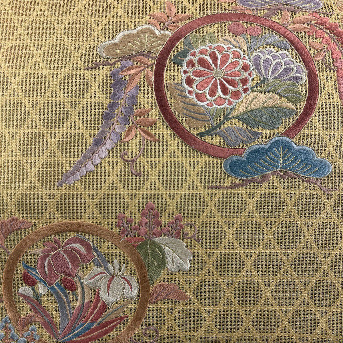 【美品】 袋帶 秀品級 松樹 菊花 刺繡 金金箔 黃土 素色 正蠶絲