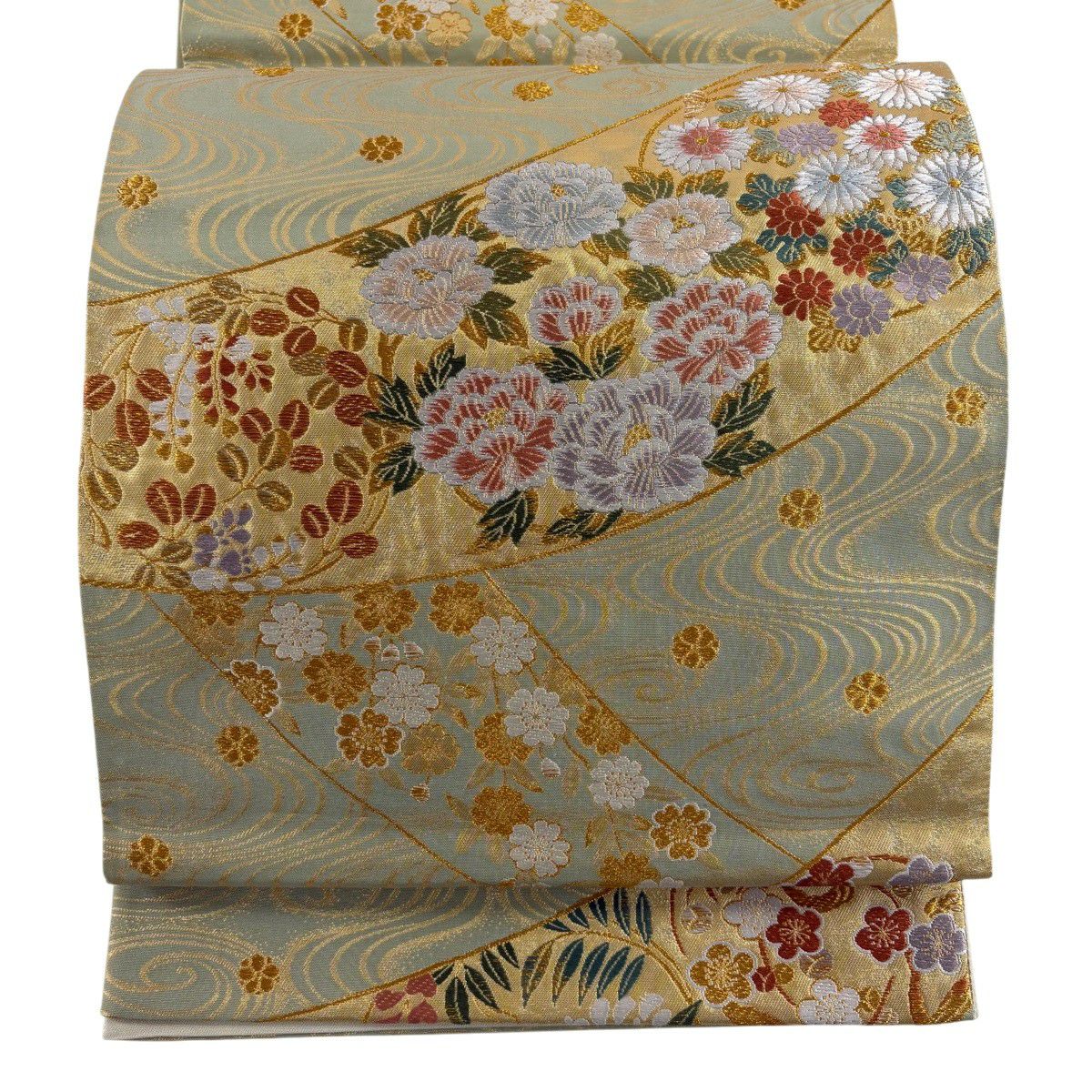 袋帶 秀品級 彩花清流 草花紋紋 流水 金金箔 金絲 灰綠 六通 純蠶絲