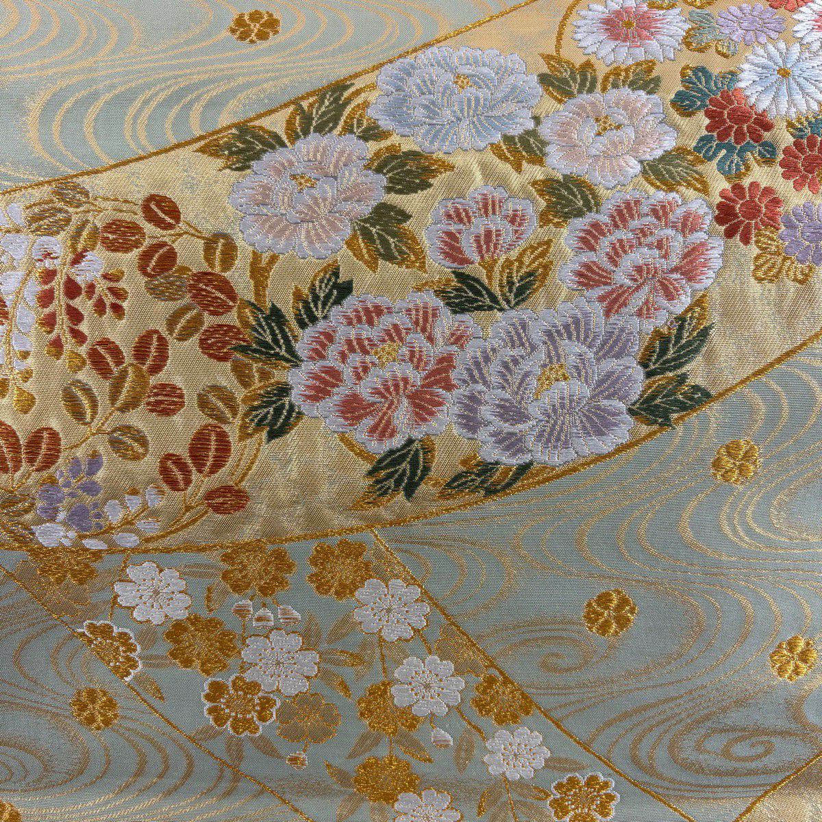 袋帶 秀品級 彩花清流 草花紋紋 流水 金金箔 金絲 灰綠 六通 純蠶絲