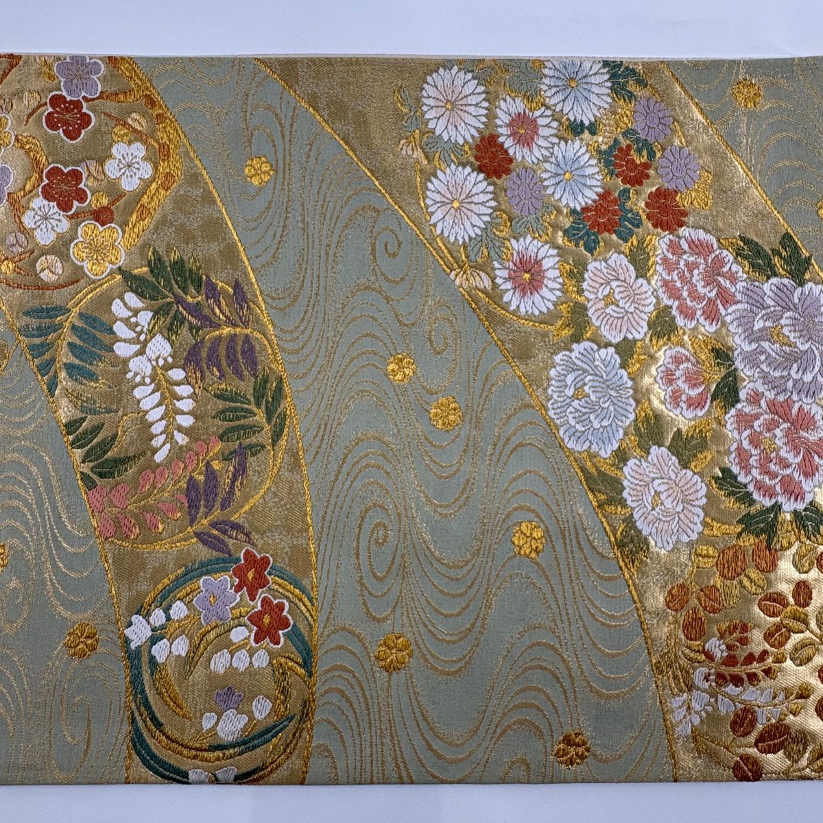 袋帶 秀品級 彩花清流 草花紋紋 流水 金金箔 金絲 灰綠 六通 純蠶絲