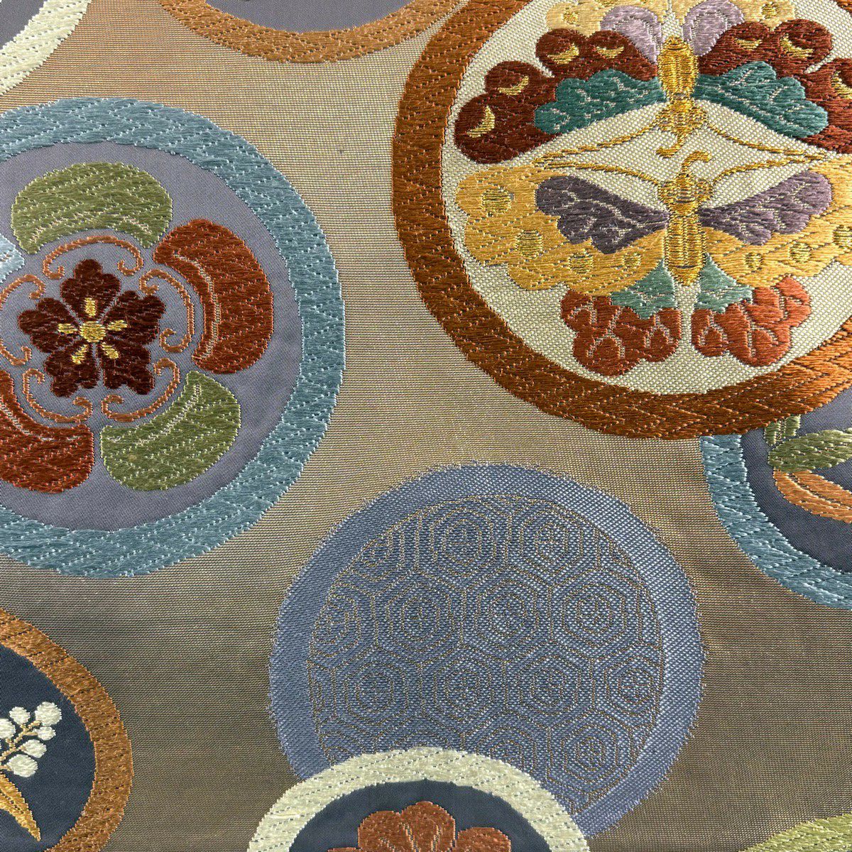 【美品】 袋帶 秀品級 蝶花 唐織 金金箔 紫 六通 純蠶絲