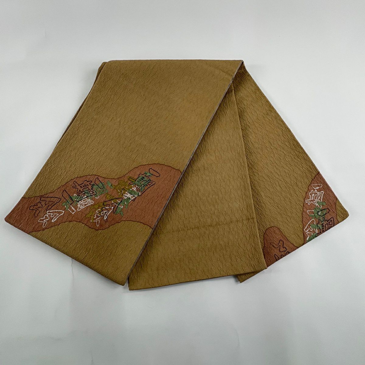 【美品】 袋帶 秀品級 關西仕立 單字紋 黃土色 大鼓圖案 純蠶絲