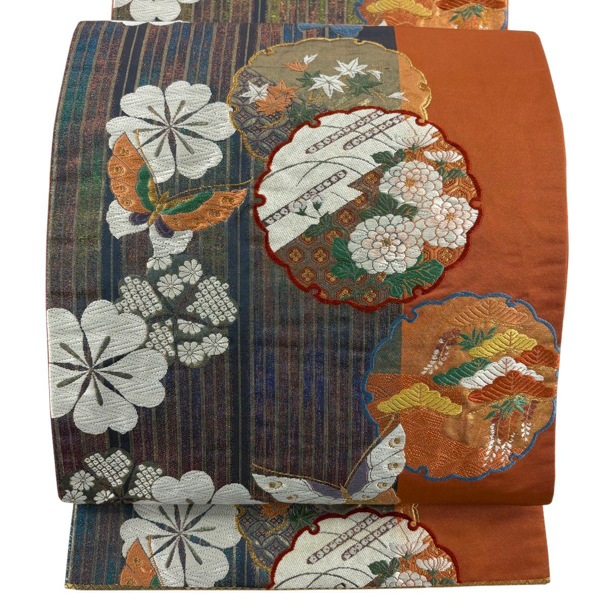 【美品】 袋帶 秀品級 雪輪 蝶 金糸 刺繡 橙色 六通 純蠶絲