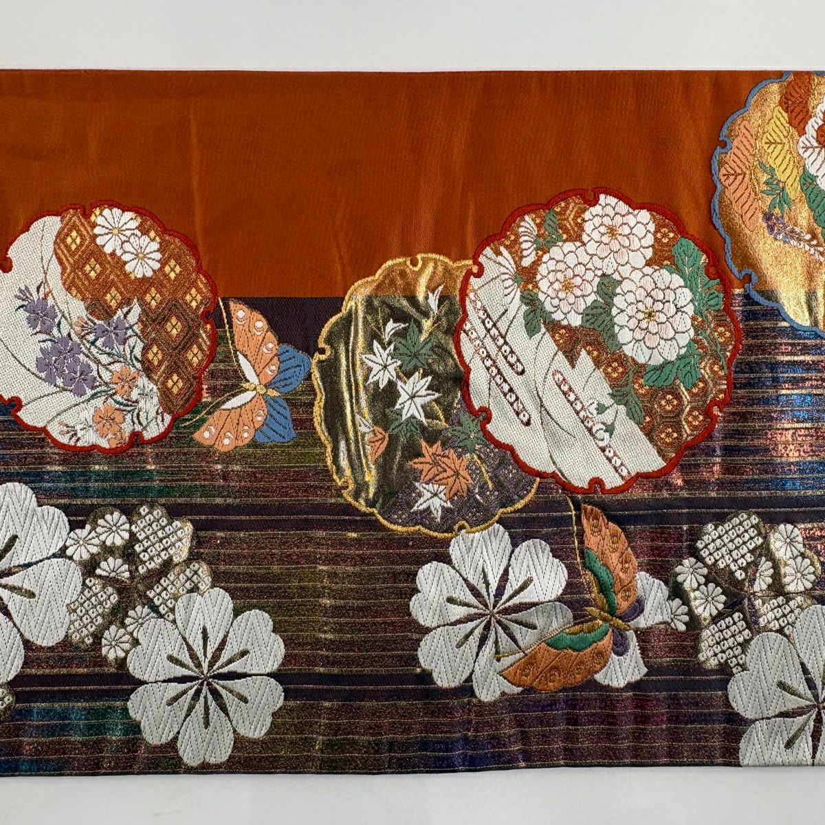 【美品】 袋帶 秀品級 雪輪 蝶 金糸 刺繡 橙色 六通 純蠶絲