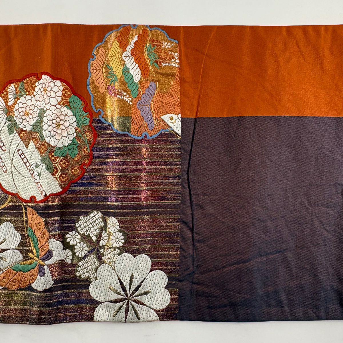 【美品】 袋帶 秀品級 雪輪 蝶 金糸 刺繡 橙色 六通 純蠶絲