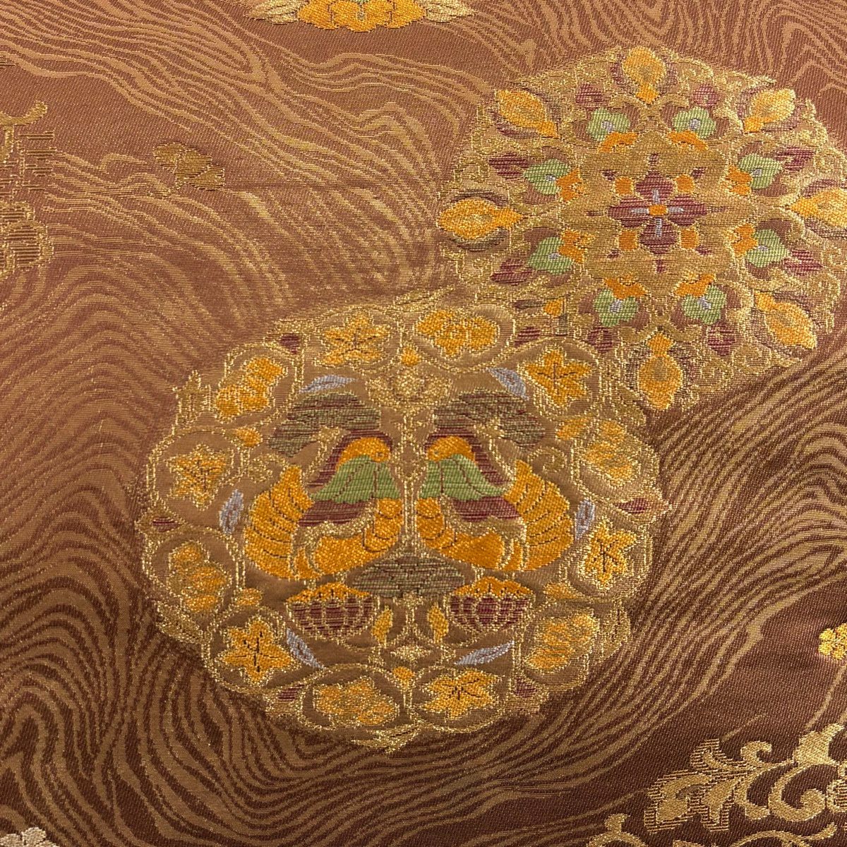 袋帶 秀品級 向鳥 華紋 金絲 金金箔 茶 六通 純蠶絲