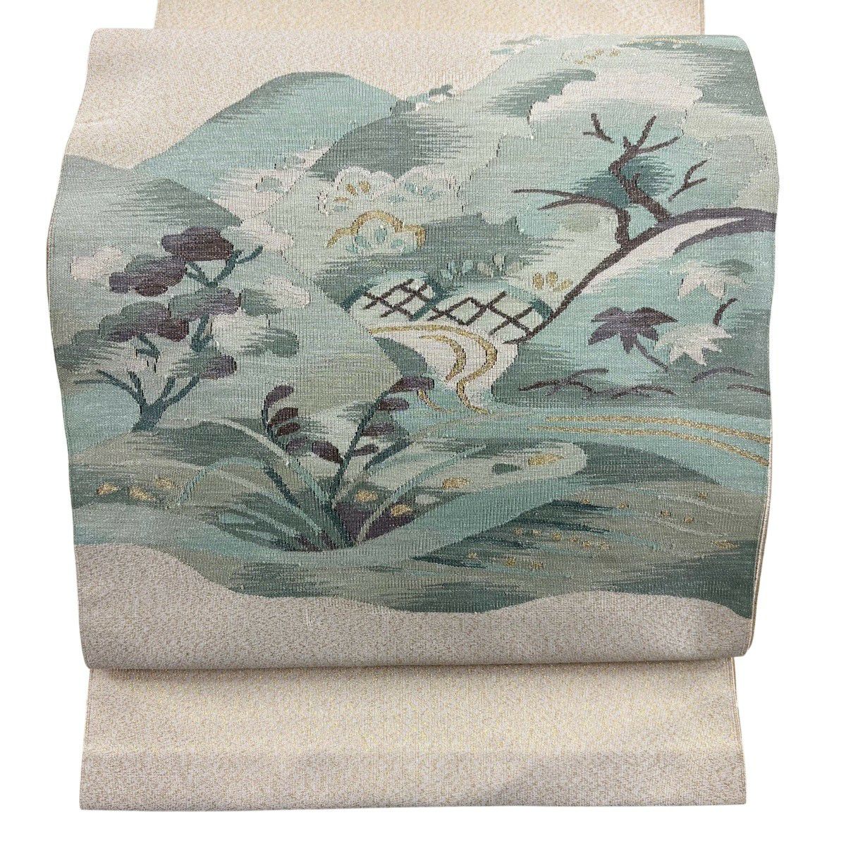 【美品】 開口名古屋帶 秀品級 山脈 流水 金銀線 米色 純蠶絲