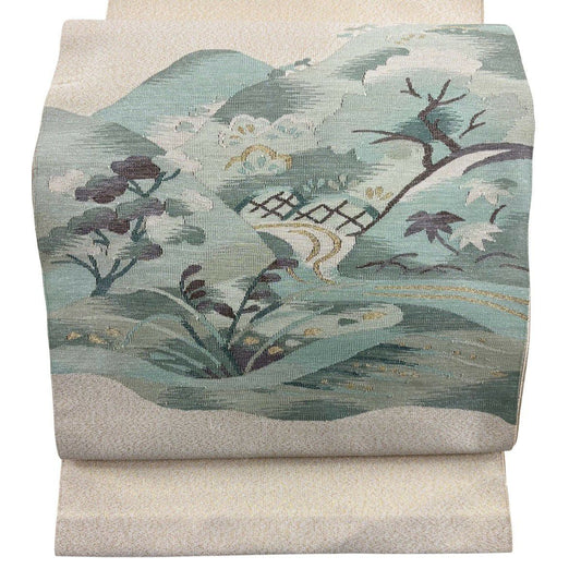 【美品】 開口名古屋帶 秀品級 山脈 流水 金銀線 米色 純蠶絲