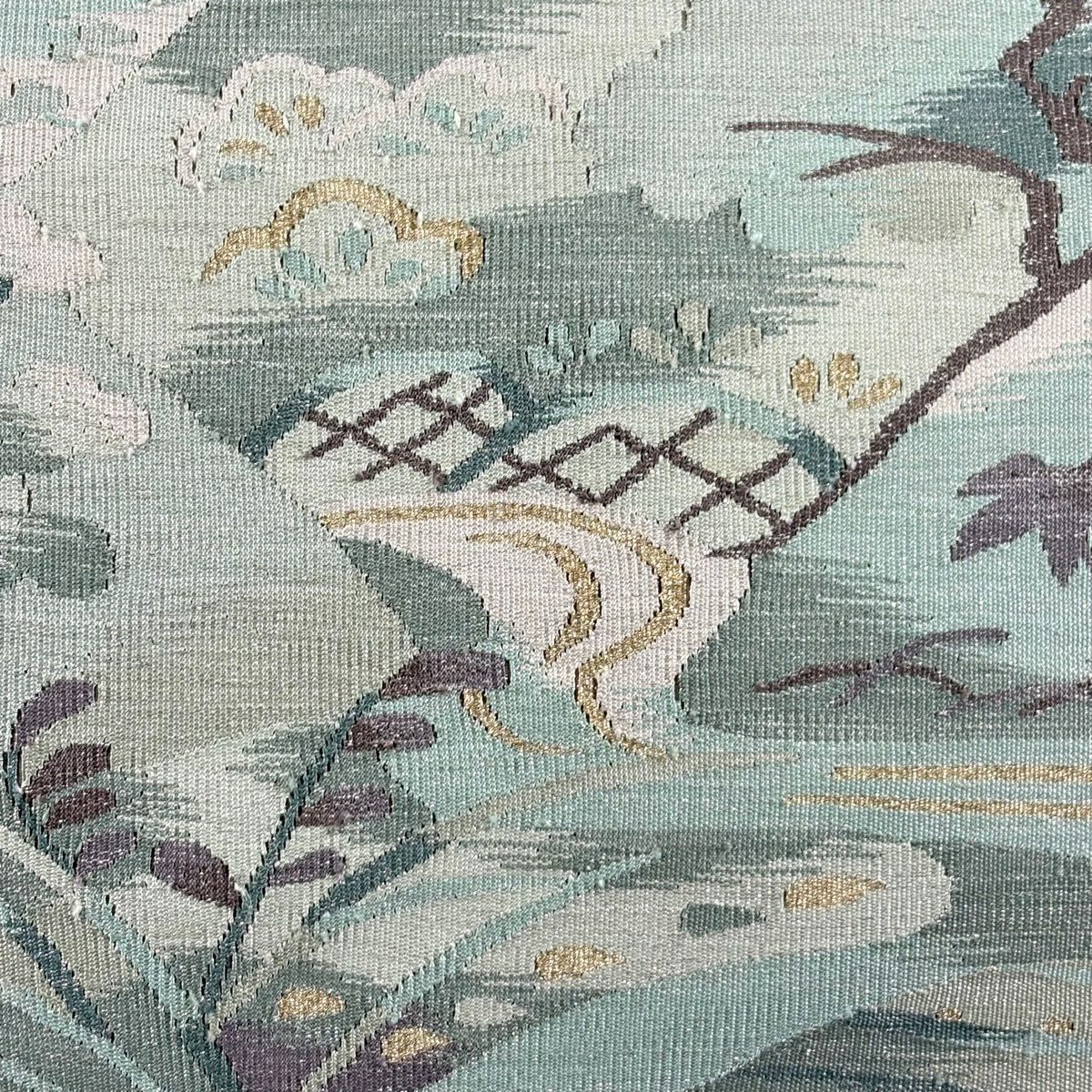 【美品】 開口名古屋帶 秀品級 山脈 流水 金銀線 米色 純蠶絲