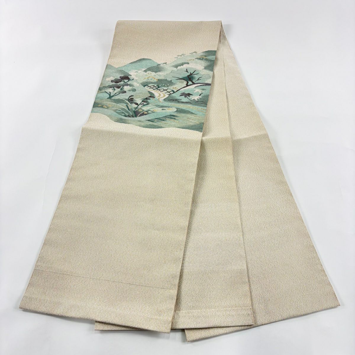 【美品】 開口名古屋帶 秀品級 山脈 流水 金銀線 米色 純蠶絲