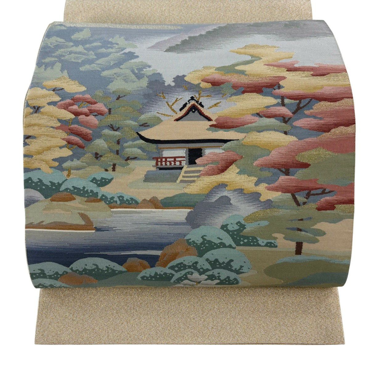 【美品】 袋帶 秀品級 建築 樹木 金絲 金金箔 米色 大鼓圖案 純蠶絲