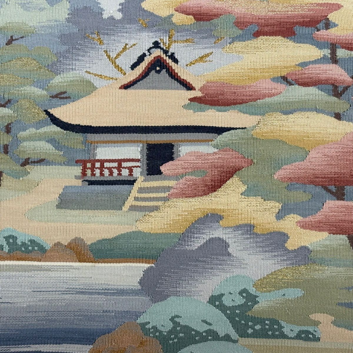 【美品】 袋帶 秀品級 建築 樹木 金絲 金金箔 米色 大鼓圖案 純蠶絲