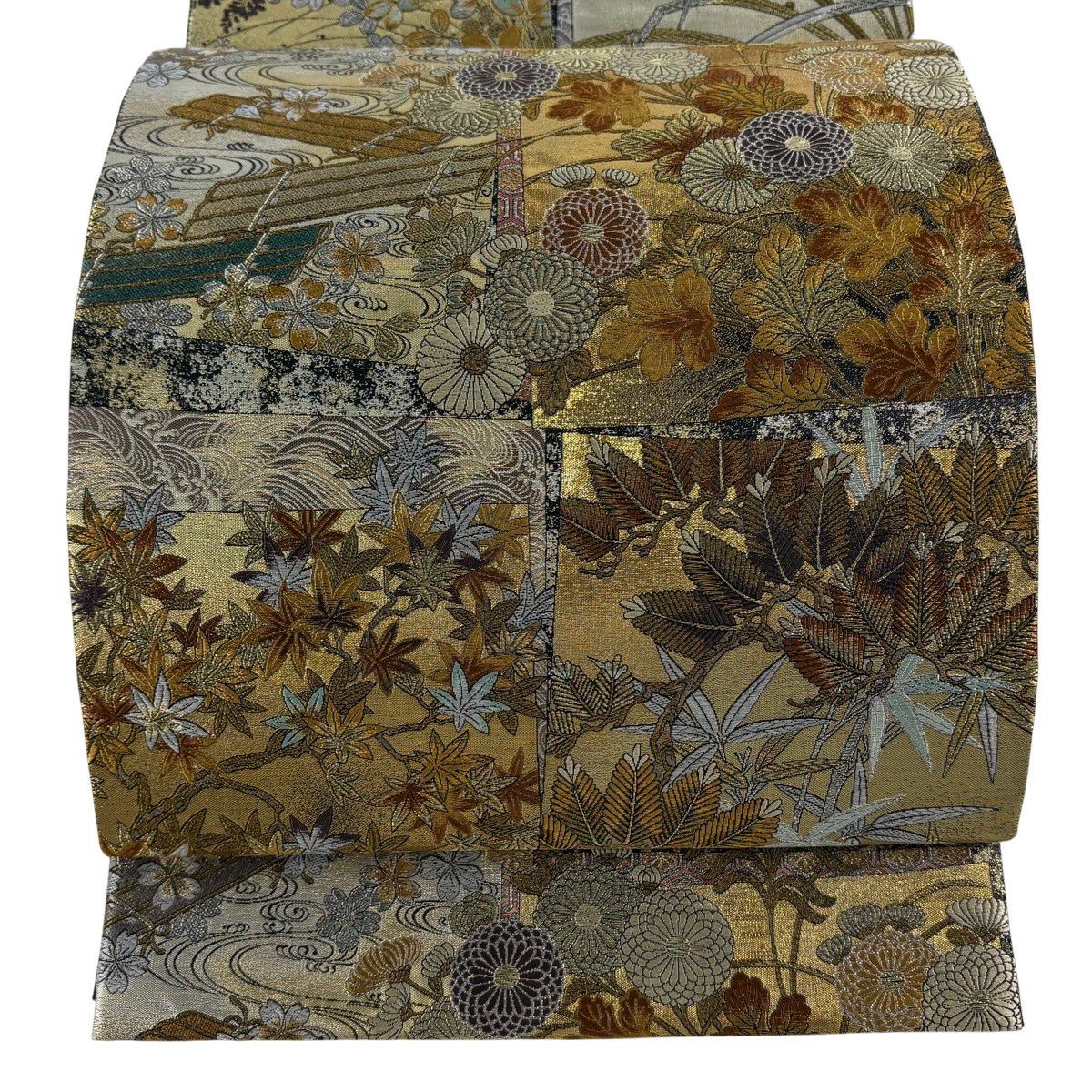 【美品】 袋帶 秀品級 秋草 筏 金銀糸 金金箔 黑 六通 純蠶絲