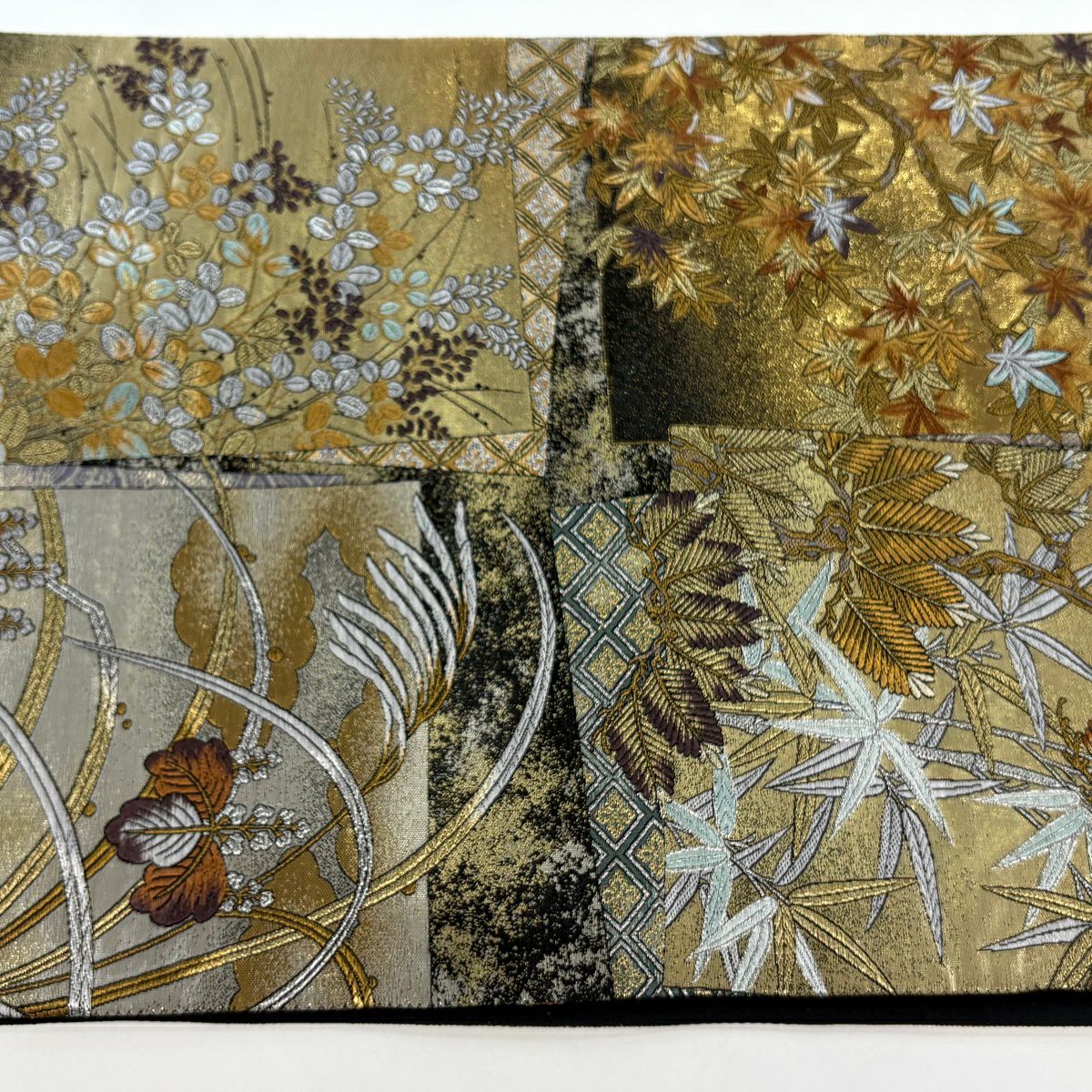 【美品】 袋帶 秀品級 秋草 筏 金銀糸 金金箔 黑 六通 純蠶絲