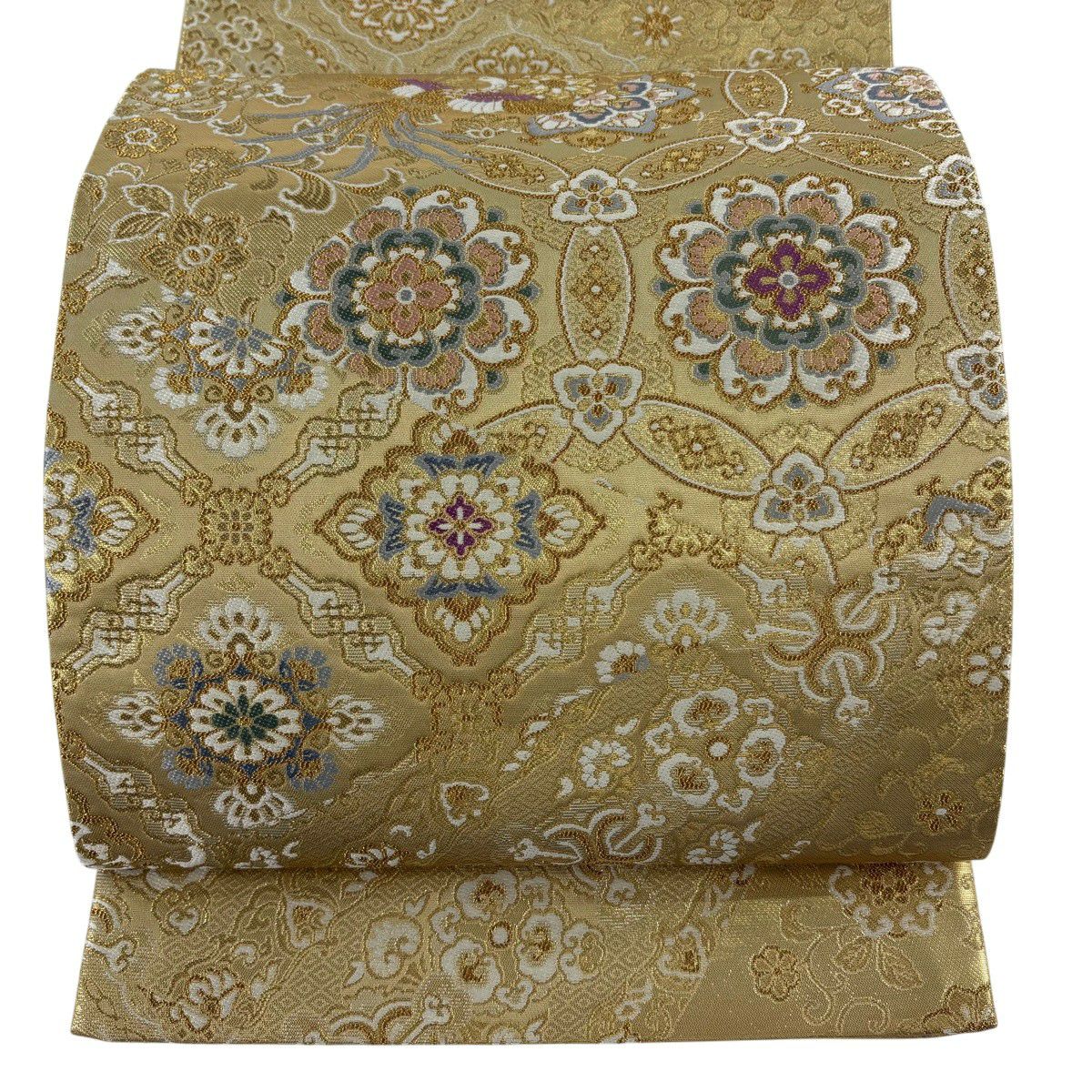 【美品】 袋帶 秀品級 華紋 尾長鳥 金銀線 金金箔 金色 大鼓圖案 純蠶絲
