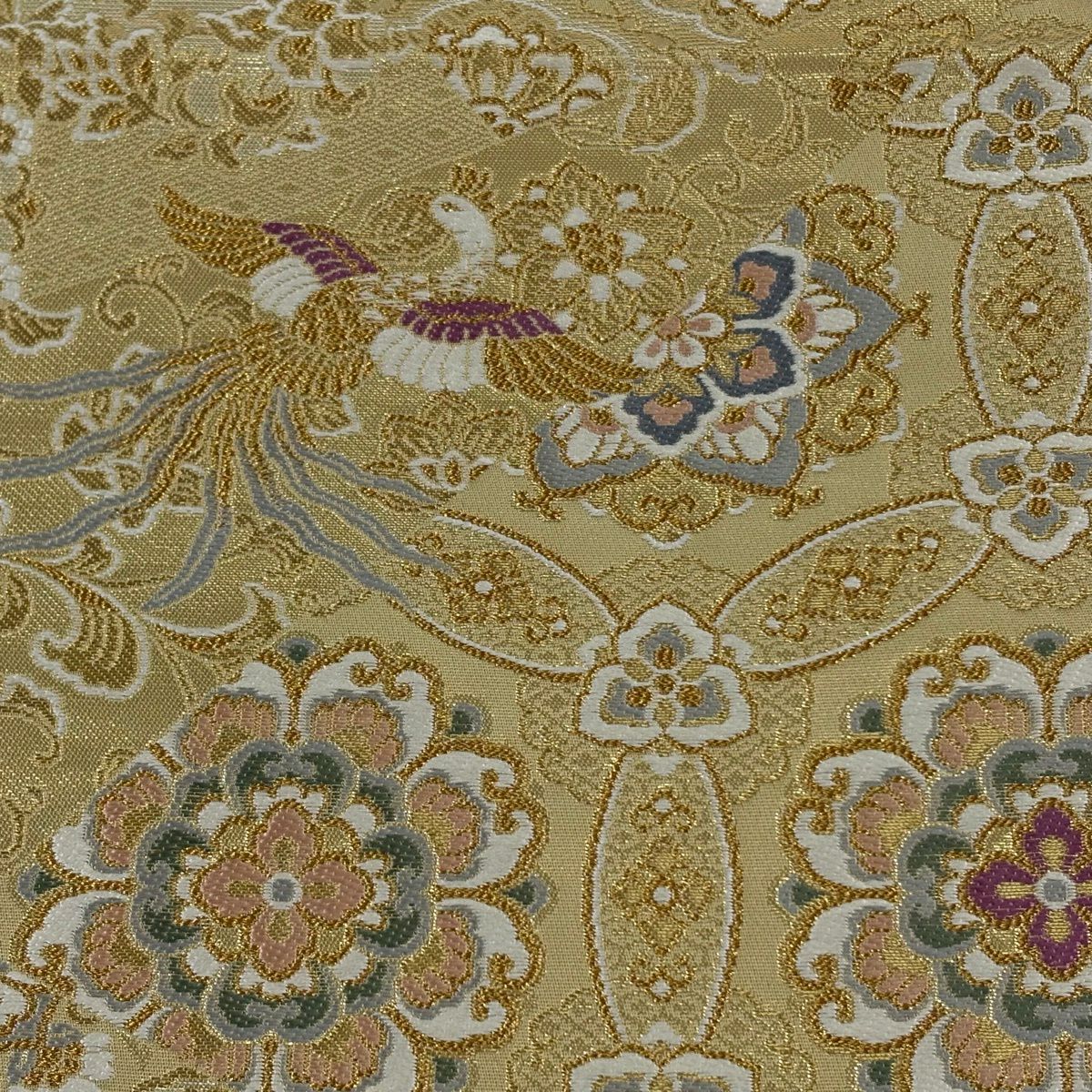 【美品】 袋帶 秀品級 華紋 尾長鳥 金銀線 金金箔 金色 大鼓圖案 純蠶絲