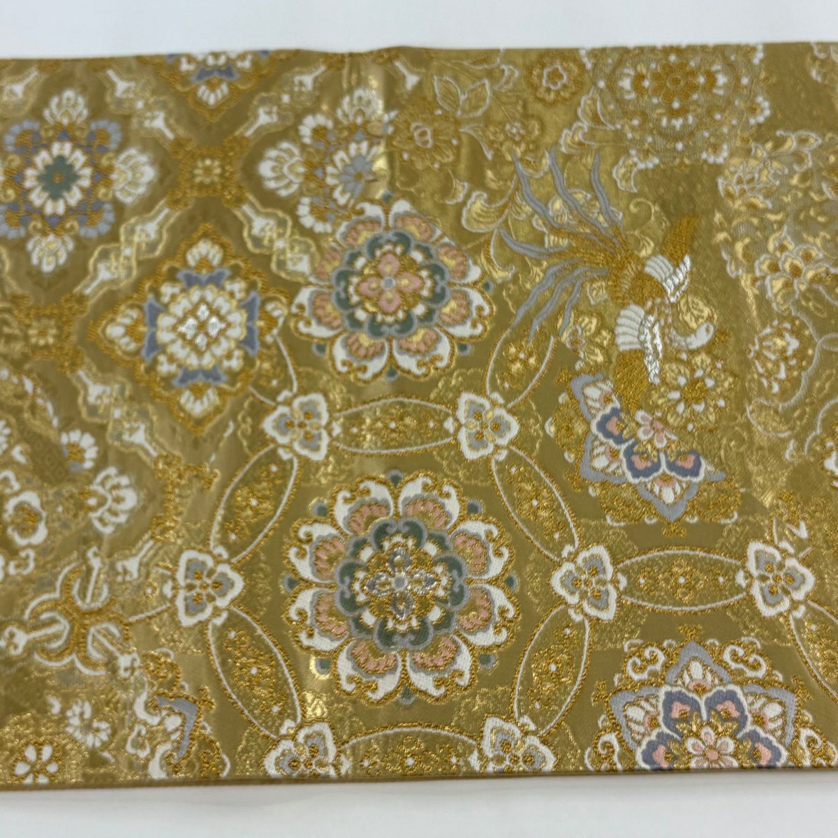 【美品】 袋帶 秀品級 華紋 尾長鳥 金銀線 金金箔 金色 大鼓圖案 純蠶絲