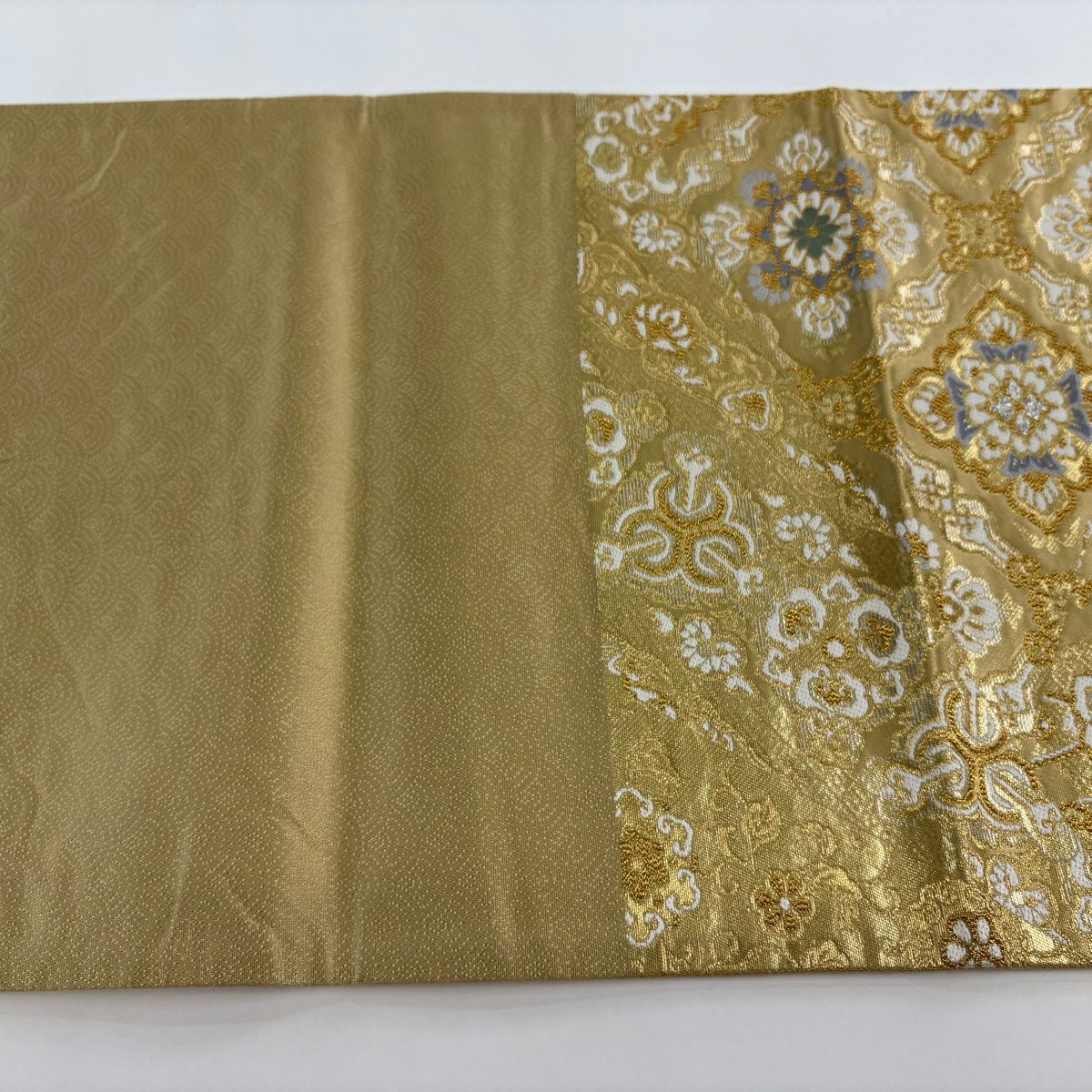【美品】 袋帶 秀品級 華紋 尾長鳥 金銀線 金金箔 金色 大鼓圖案 純蠶絲