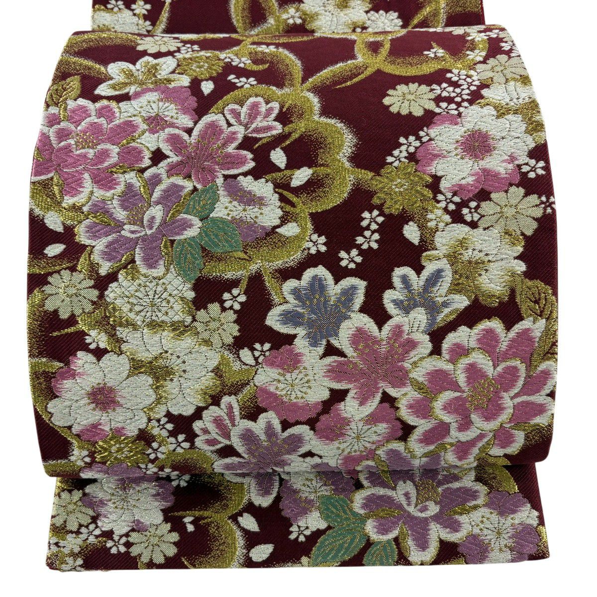 【美品】 袋帶 秀品級 振袖禮服禮服用 櫻花 金絲 金金箔 深紅色 六通 純蠶絲