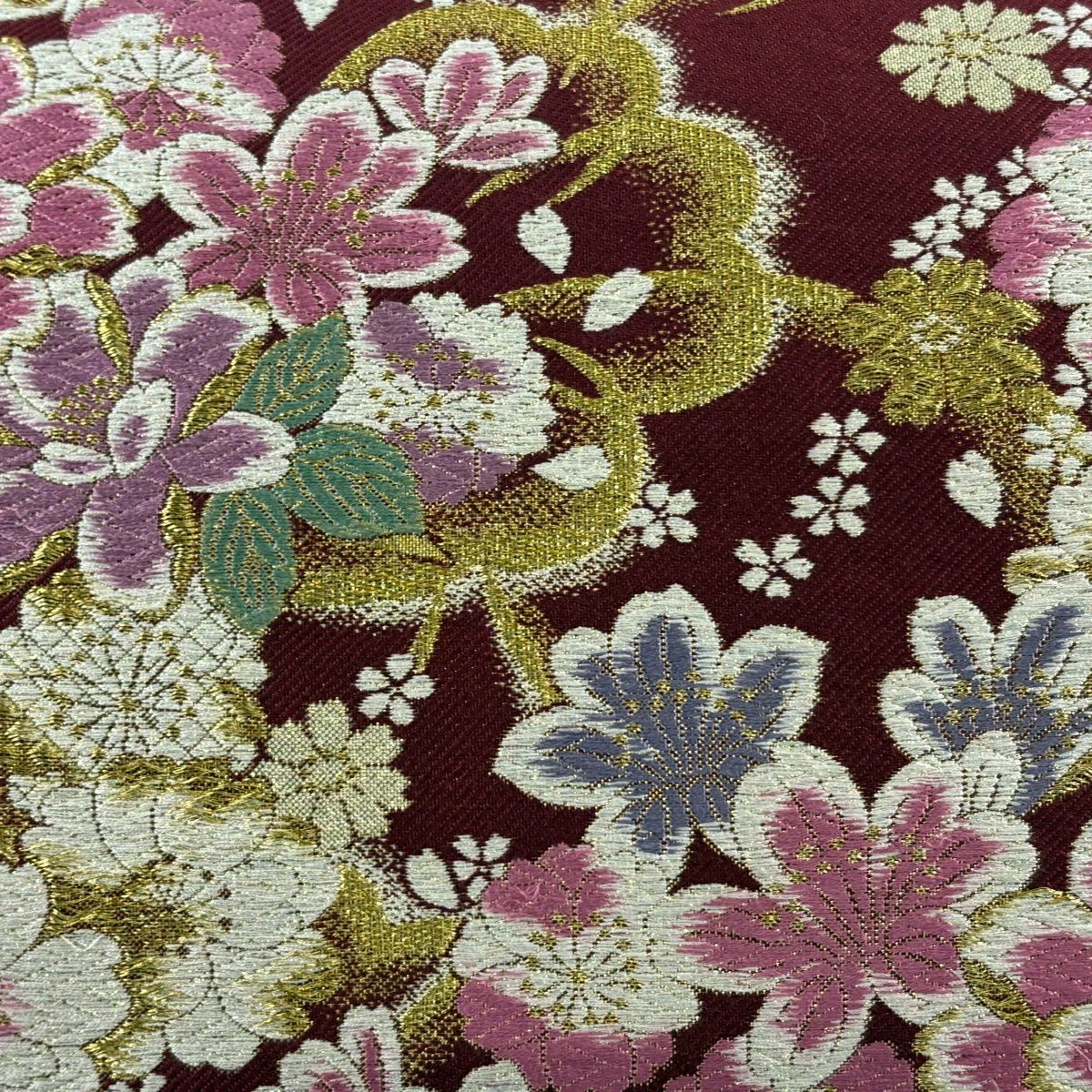 【美品】 袋帶 秀品級 振袖禮服禮服用 櫻花 金絲 金金箔 深紅色 六通 純蠶絲
