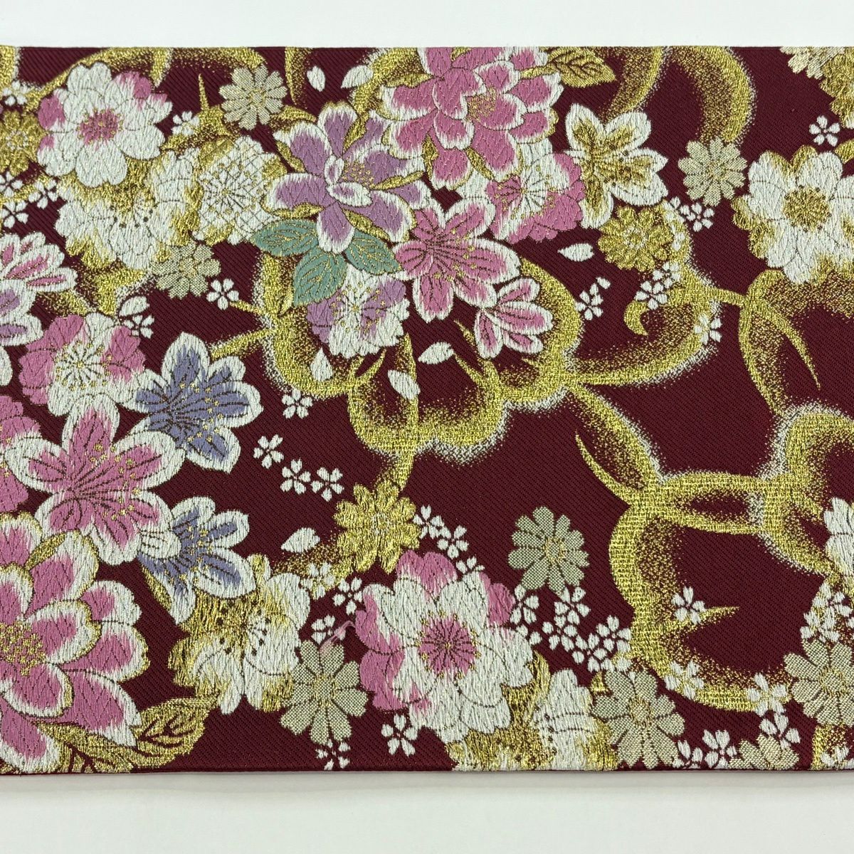 【美品】 袋帶 秀品級 振袖禮服禮服用 櫻花 金絲 金金箔 深紅色 六通 純蠶絲