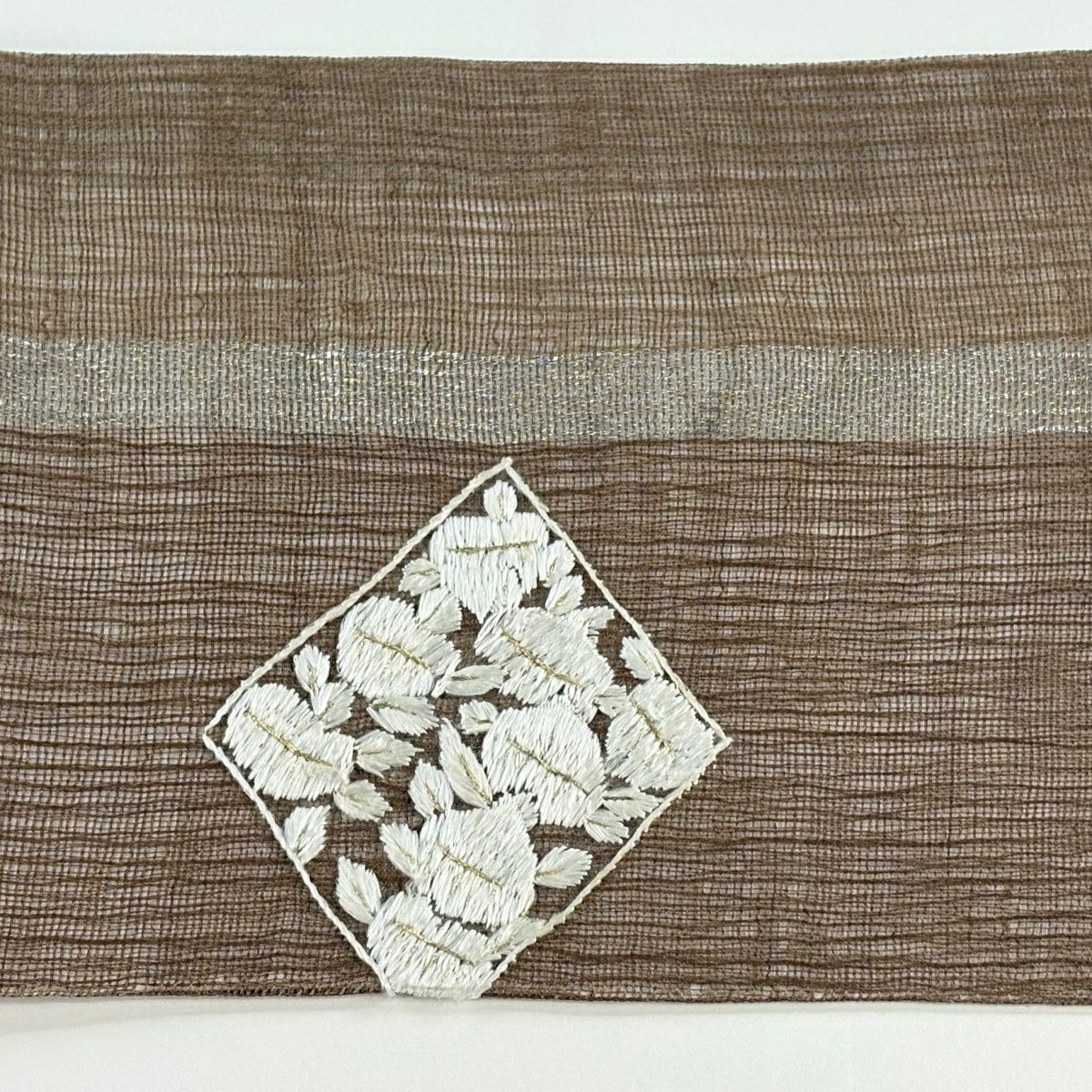 名古屋帶 秀品級 菱 草花紋 金銀彩 刺繡 茶 純蠶絲