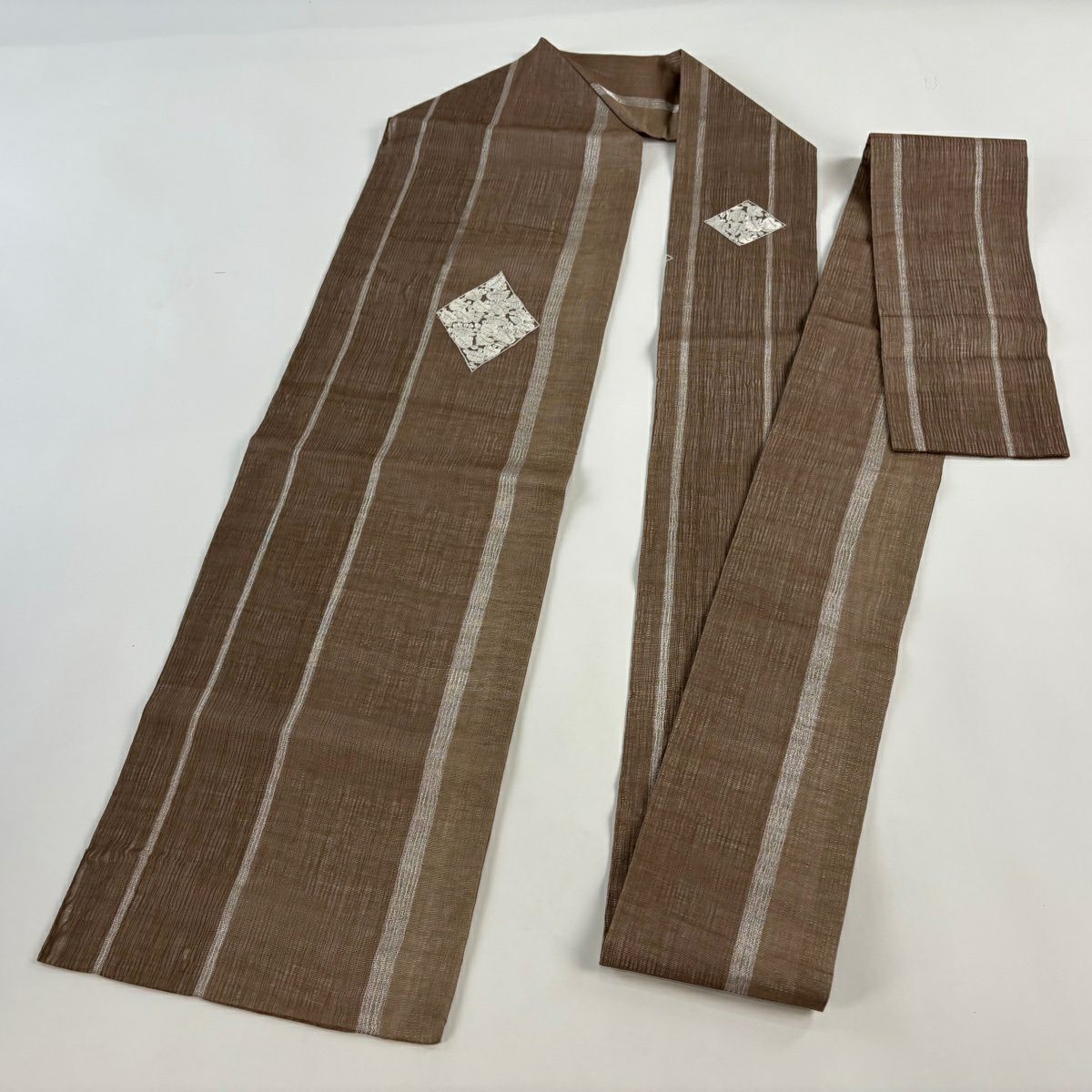 名古屋帶 秀品級 菱 草花紋 金銀彩 刺繡 茶 純蠶絲