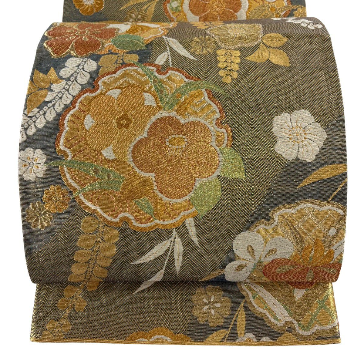 【美品】 袋帶 秀品級 雪輪 草花紋 金糸 金金箔 灰 深藍 六通 純蠶絲