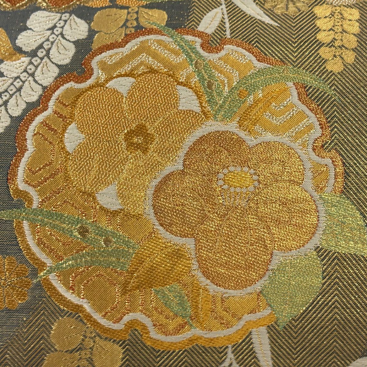 【美品】 袋帶 秀品級 雪輪 草花紋 金糸 金金箔 灰 深藍 六通 純蠶絲
