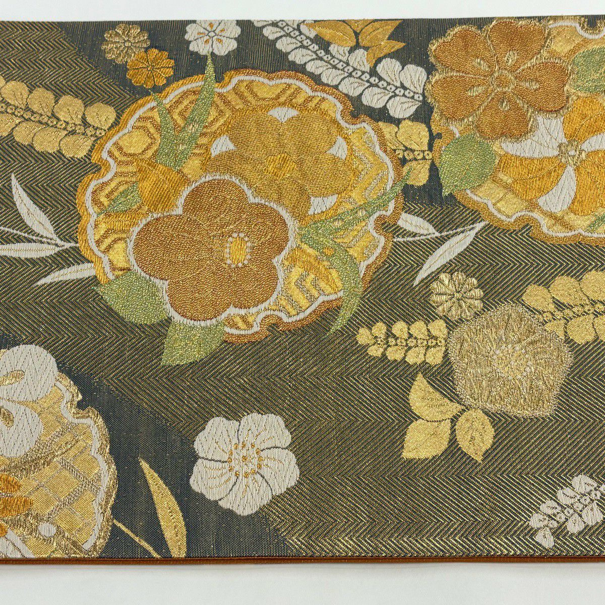 【美品】 袋帶 秀品級 雪輪 草花紋 金糸 金金箔 灰 深藍 六通 純蠶絲