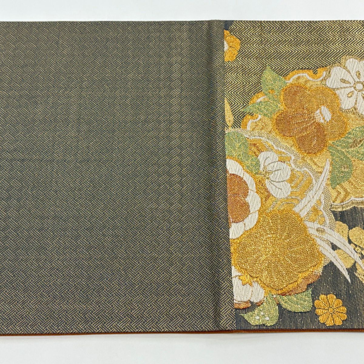 【美品】 袋帶 秀品級 雪輪 草花紋 金糸 金金箔 灰 深藍 六通 純蠶絲