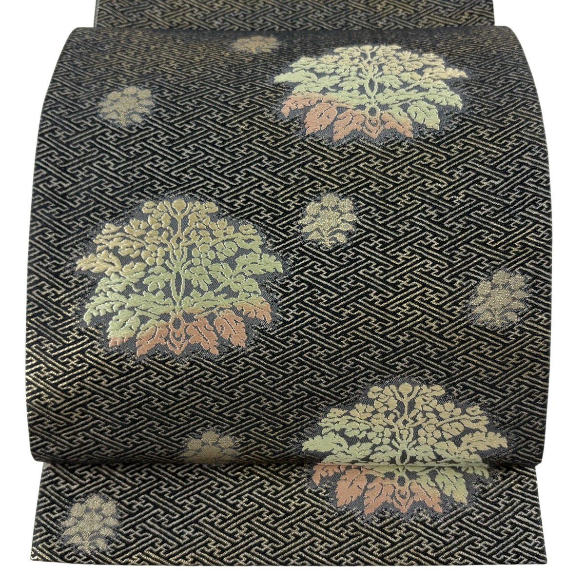 【美品】 袋帶 秀品級 草花紋紋 紗綾形 刺繡 金金箔 灰色 六通 純蠶絲