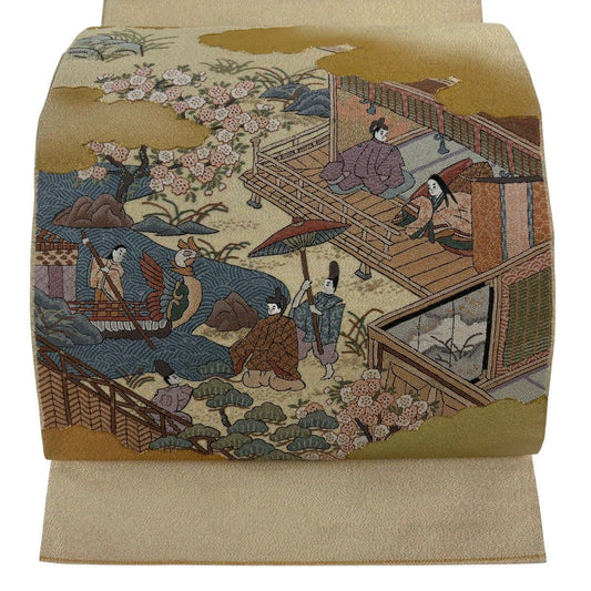 袋帶 秀品級 人物 雲紋 金絲 刺繡 金色 大鼓圖案 純蠶絲