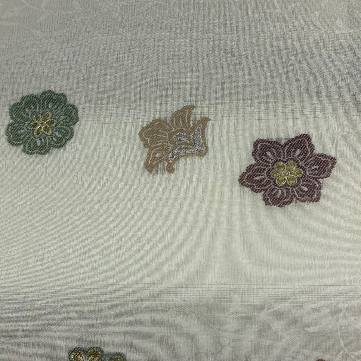 名古屋帶 秀品級 夏帶 花 花唐草紋 金銀絲 米色 純蠶絲